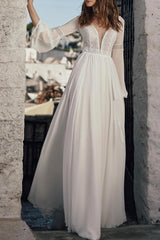Ivory A Line Beach Wedding Dress V Neck LaceLong Sleeves Beach Wedding Dress