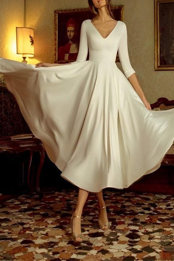 Ivory A-Line Beach Wedding Dress V-Neck Tea-Length Long Sleeve Bridal Dress