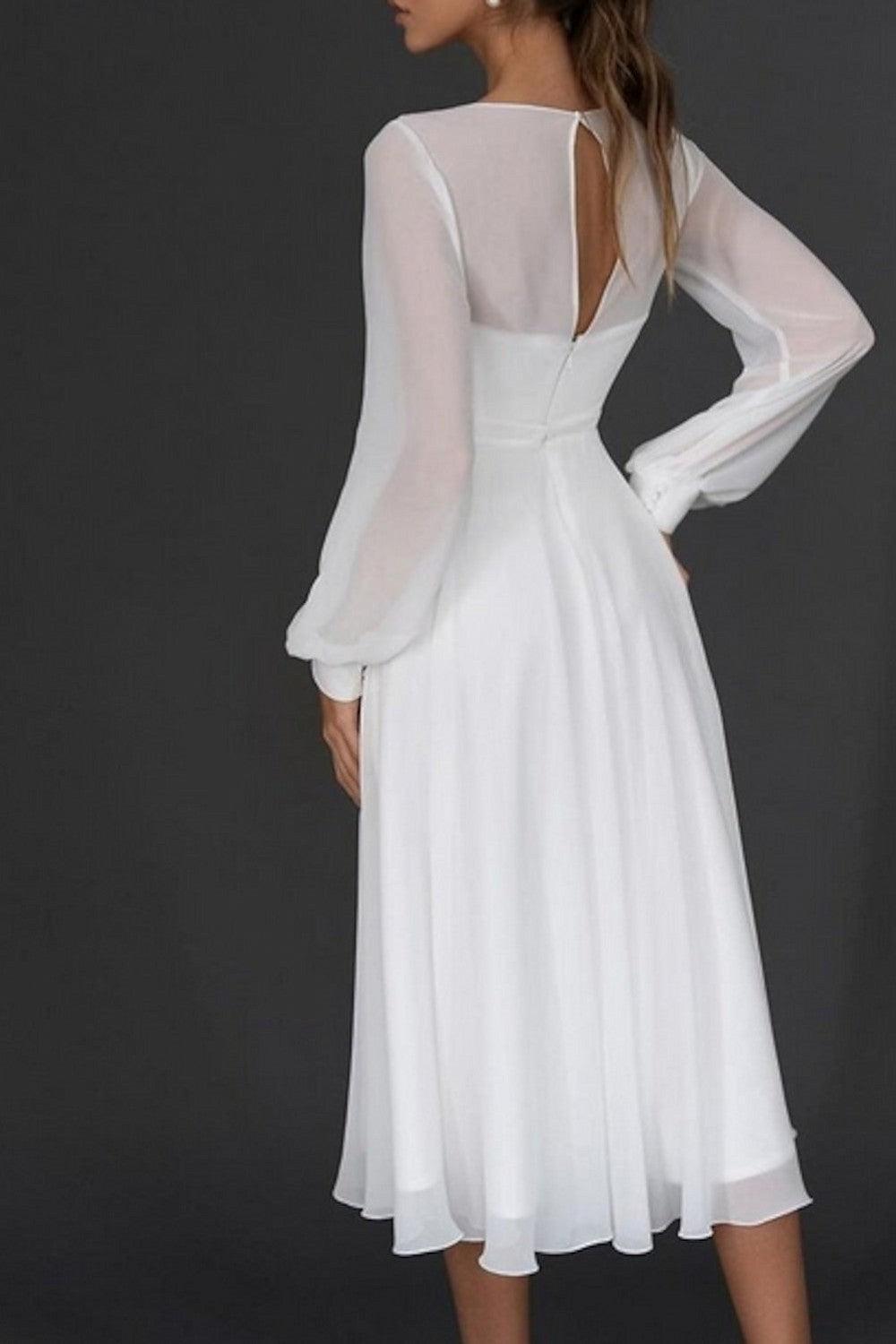 Ivory A-Line Beach Wedding Dress V-Neck Tea-length Long Sleeves Bridal Dress