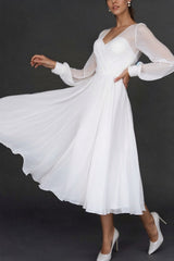 Ivory A-Line Beach Wedding Dress V-Neck Tea-length Long Sleeves Bridal Dress