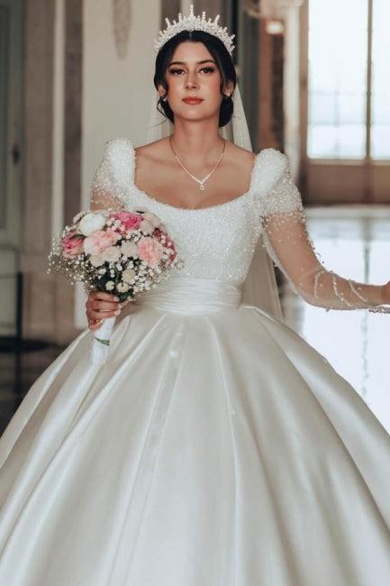 Ivory A Line Square Neck Satin Glitter Bridal Gown With Sleeves