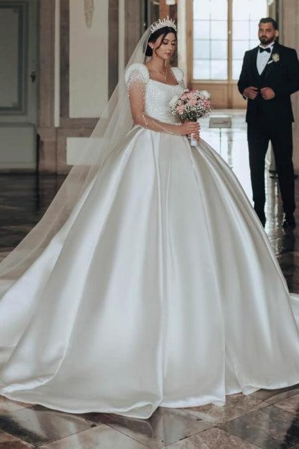 Ivory A Line Square Neck Satin Glitter Bridal Gown With Sleeves