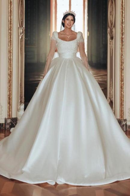 Dreamyannie UK Ivory A Line Square Neck Satin Glitter Bridal Gown With  Sleeves