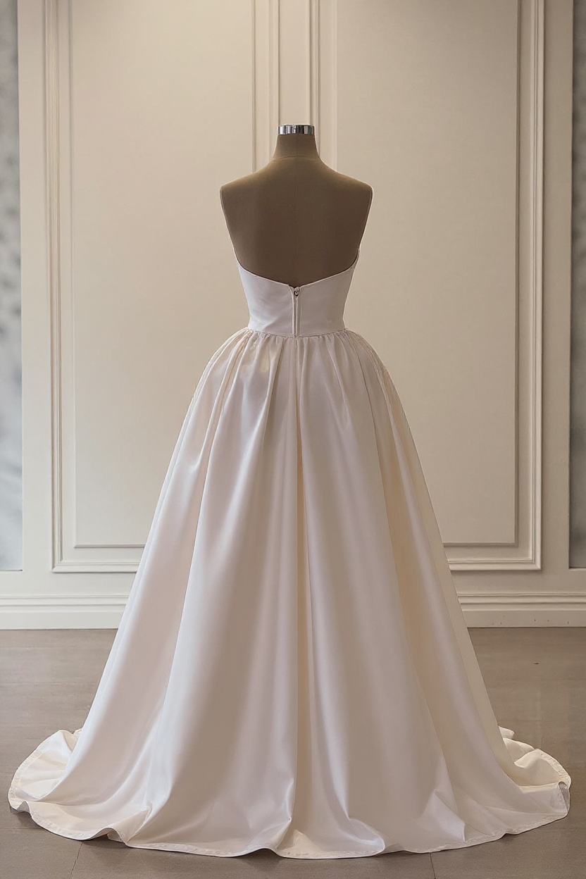 Ivory A Line Strapless Sleeveless Beaded Panel Train Ruffle Long Satin Bridal Gown