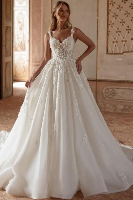 Ivory A Line Wedding Dress Princess Spaghetti Straps Lace Tulle Bridal Gown