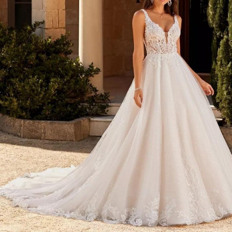 Ivory A Line Wedding Dress V Neck Tulle Appliques Bridal Dress with Sweep Train