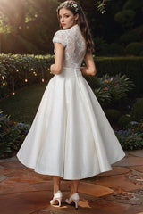Ivory Ball Gown Beach Wedding Dress Tea Length Lace V Neck Bridal Dress