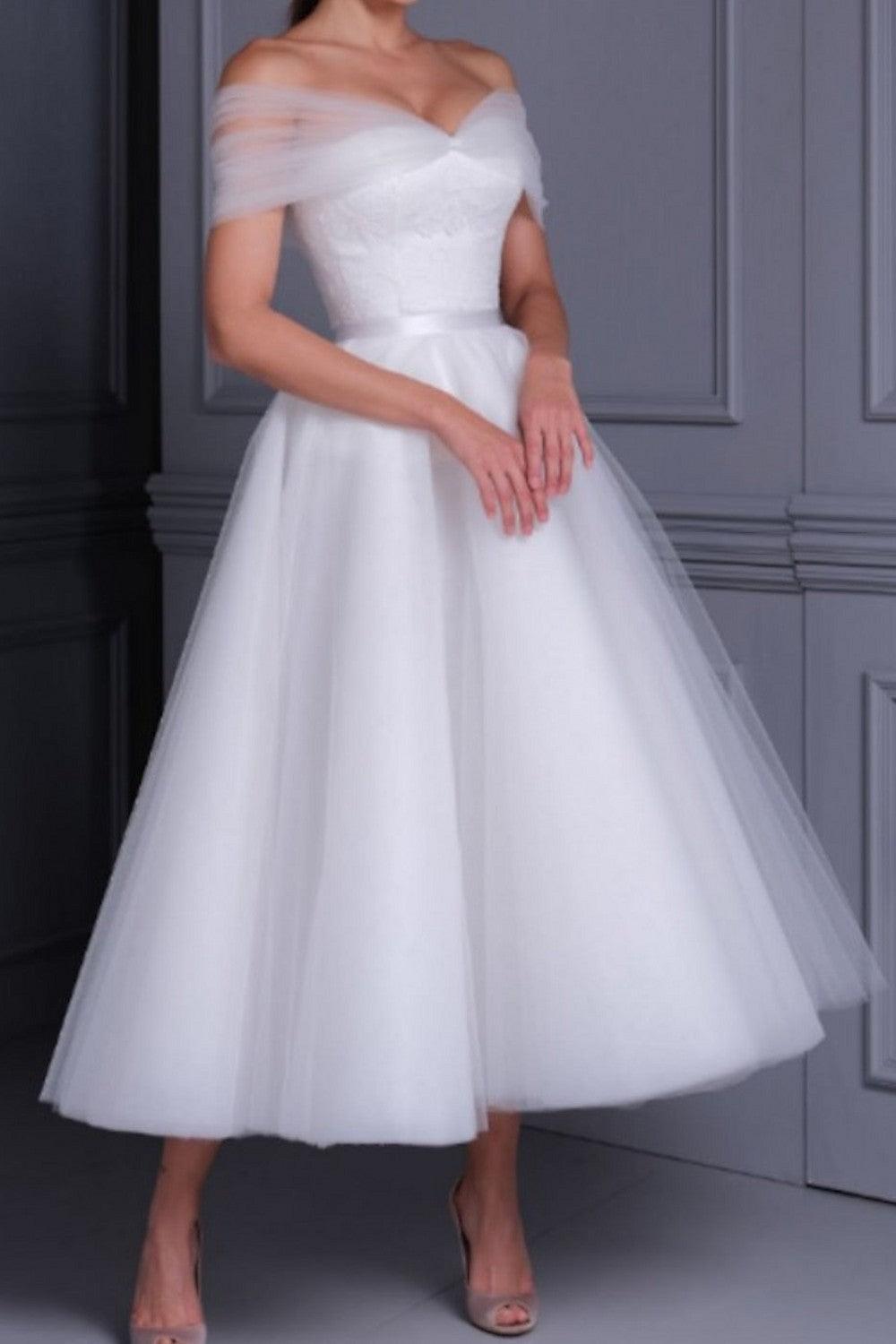 Ivory Ball Gown Off-the-Shoulder Tea-length Tulle Beach Wedding Dress