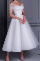 Ivory Ball Gown Off-the-Shoulder Tea-length Tulle Beach Wedding Dress