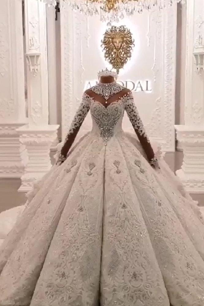 Ivory Ball Gown Wedding Dress High Neck Long Sleeve Beaded Appliques Bridal Dress