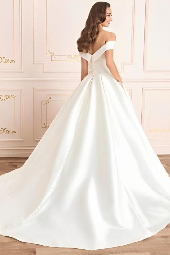 Ivory Beach Wedding Dress A Line Off the Shoulder Satin Bridal Dress