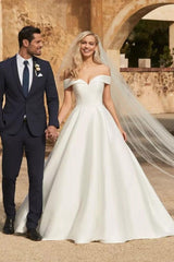 Ivory Beach Wedding Dress A Line Off the Shoulder Satin Bridal Dress