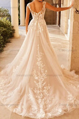 Ivory Beach Wedding Dress A Line V Neck Appliques Bridal Dress with Sweep Train