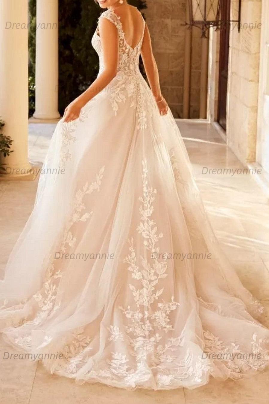 Dreamyannie Women Ivory Beach Wedding Dress A Line V Neck Appliques Bridal  Dress with Sweep Train  Dreamyannie UK