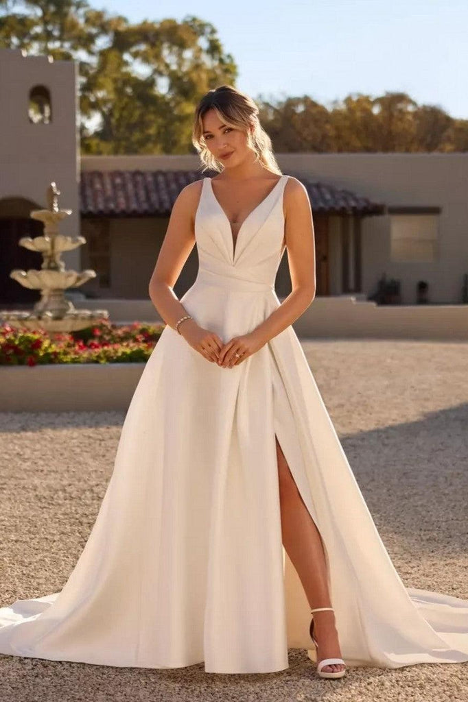 Dreamyannie Women Ivory Beach Wedding Dress A Line V Neck Satin Backless Bridal  Dress with Slit – Dreamyannie UK