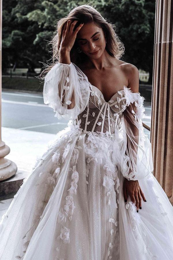 Ivory Beach Wedding Dress Long Sleeve Corset A Line Off The Shoulder Tulle Bridal Dress with Appliques