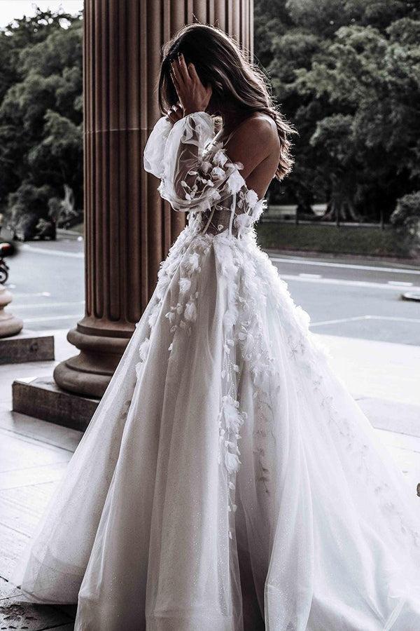 Ivory Beach Wedding Dress Long Sleeve Corset A Line Off The Shoulder Tulle Bridal Dress with Appliques