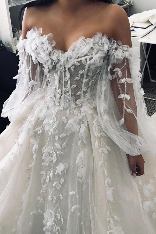 Ivory Beach Wedding Dress Long Sleeve Corset A Line Off The Shoulder Tulle Bridal Dress with Appliques