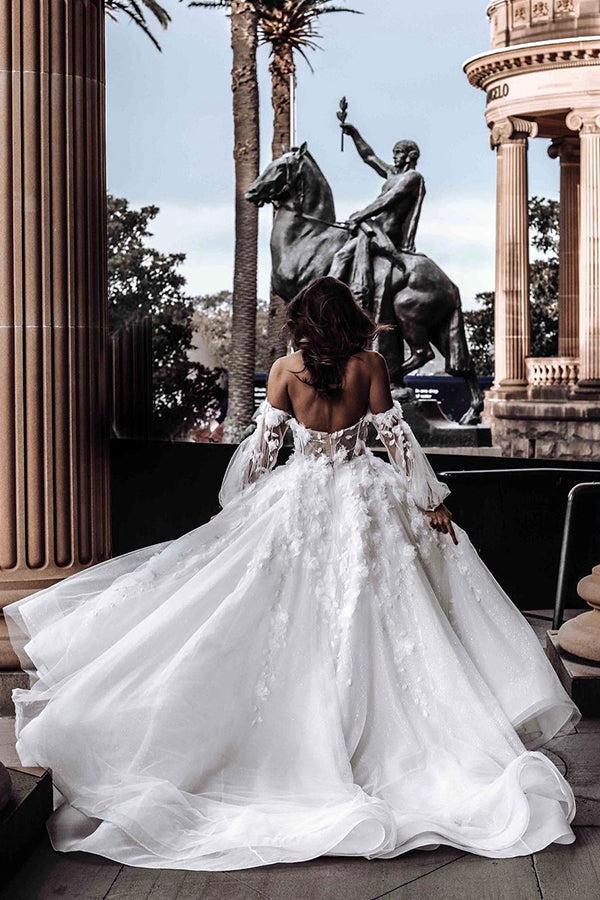 Ivory Beach Wedding Dress Long Sleeve Corset A Line Off The Shoulder Tulle Bridal Dress with Appliques