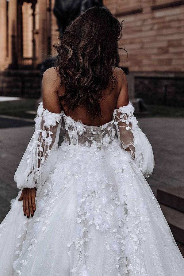 Ivory Beach Wedding Dress Long Sleeve Corset A Line Off The Shoulder Tulle Bridal Dress with Appliques
