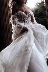 Ivory Beach Wedding Dress Long Sleeve Corset A Line Off The Shoulder Tulle Bridal Dress with Appliques