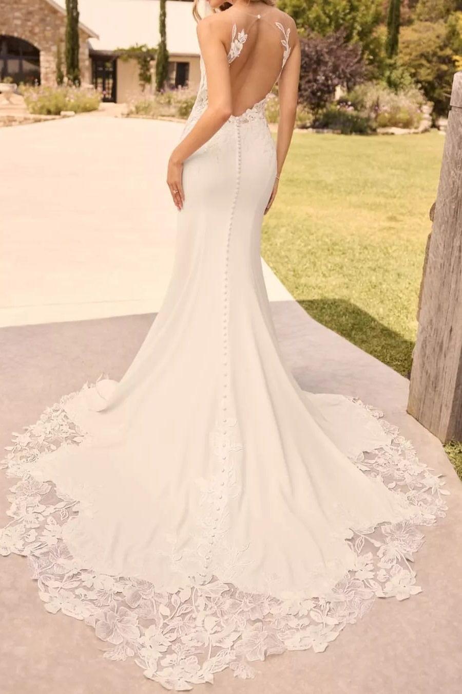 Ivory Beach Wedding Dress Mermaid Crew Neck Bridal Dress with Appliques