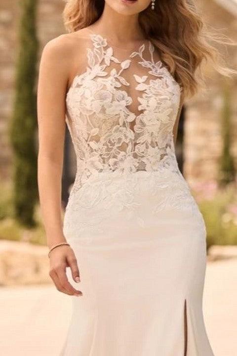 Ivory Beach Wedding Dress Mermaid Crew Neck Bridal Dress with Appliques