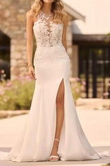 Ivory Beach Wedding Dress Mermaid Crew Neck Bridal Dress with Appliques