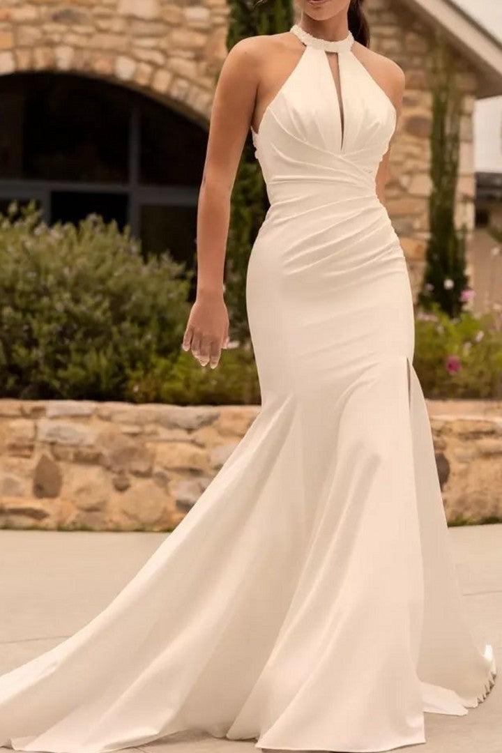 Ivory Beach Wedding Dress Mermaid Halter Neck Beaded Bridal Dress with Sweep Train