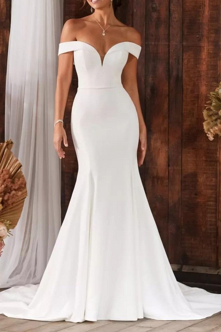 Ivory Beach Wedding Dress Mermaid Off the Shoulder Bridal Dress with Sweep Train