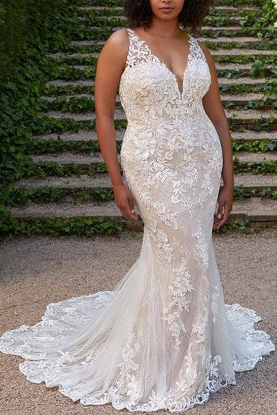 Ivory Beach Wedding Dress Mermaid V Neck Lace Appliques Bridal Dress