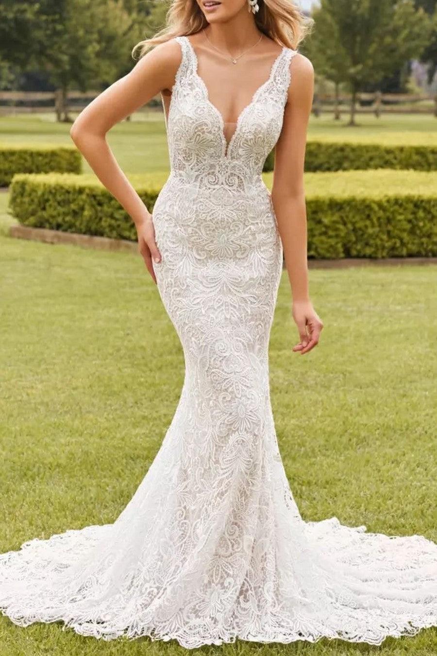 Ivory Beach Wedding Dress Mermaid V Neck Lace Bridal Dress with Sweep Train