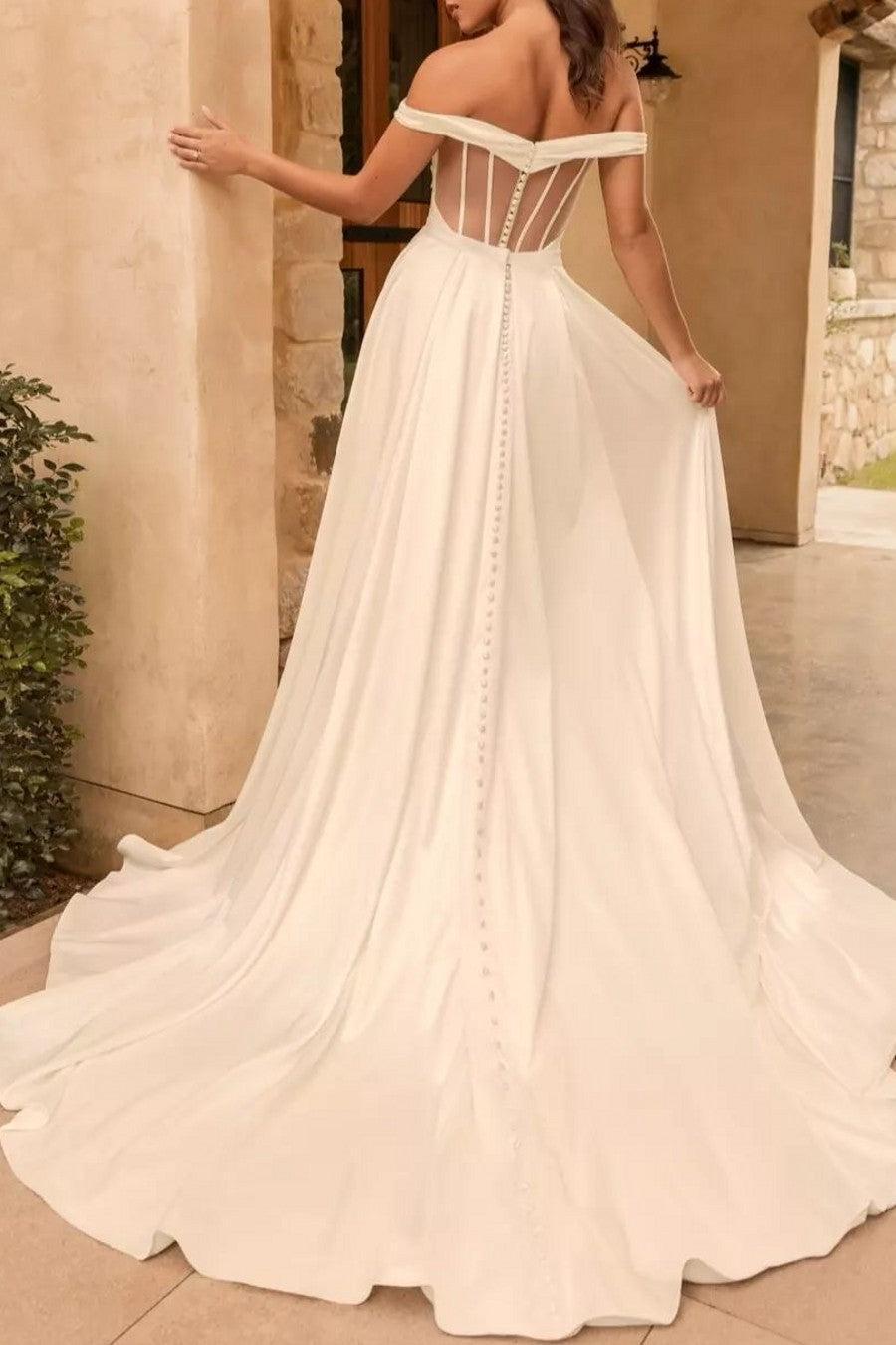 Ivory Beach Wedding Dress Off the Shoulder Bridal Dress Corset With Panel Train