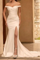Ivory Beach Wedding Dress Off the Shoulder Bridal Dress Corset With Panel Train