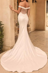 Ivory Beach Wedding Dress Off the Shoulder Bridal Dress Corset With Panel Train