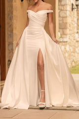 Ivory Beach Wedding Dress Off the Shoulder Bridal Dress Corset With Panel Train