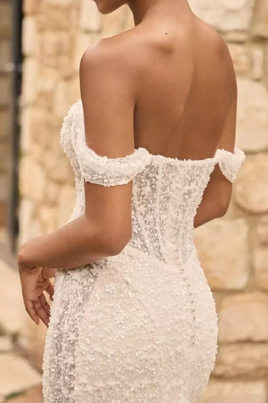 Ivory Beach Wedding Dress Sequin Off the Shoulder Mermaid Corset Bridal Dress with Sweep Train