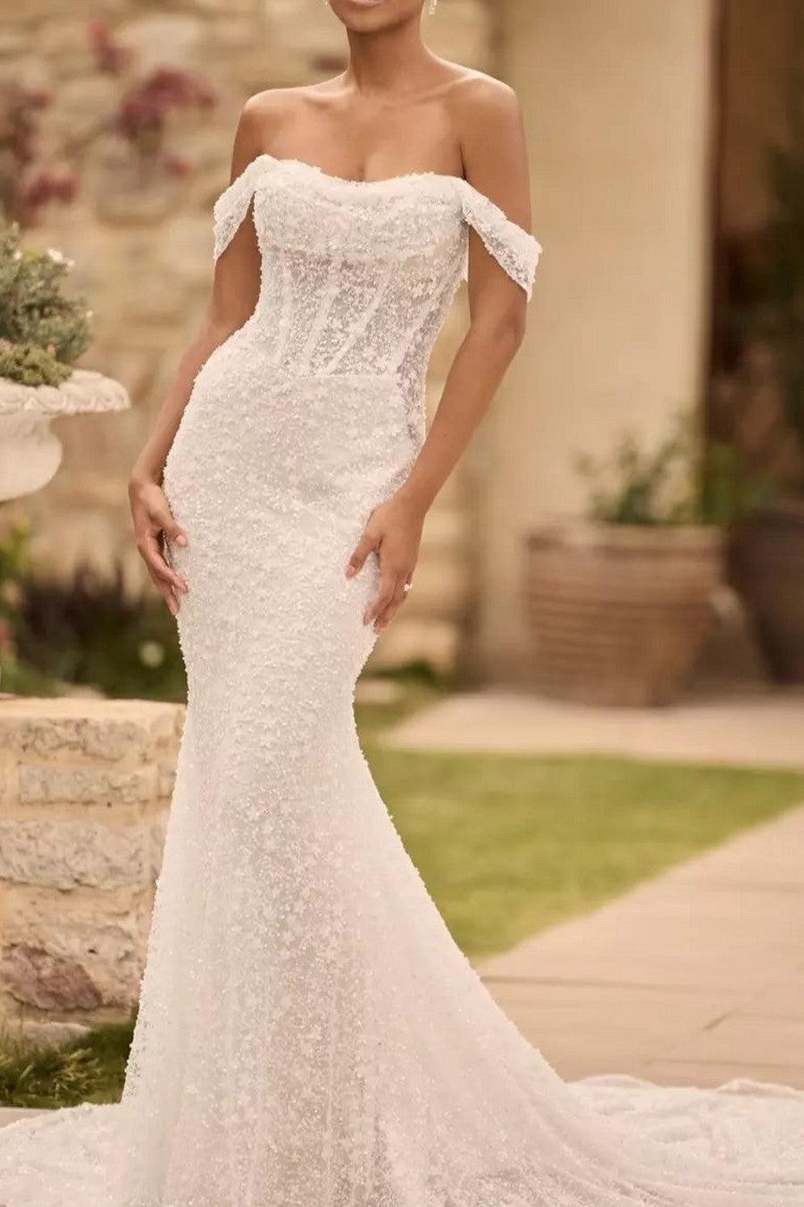 Ivory Beach Wedding Dress Sequin Off the Shoulder Mermaid Corset Bridal Dress with Sweep Train