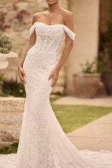Ivory Beach Wedding Dress Sequin Off the Shoulder Mermaid Corset Bridal Dress with Sweep Train