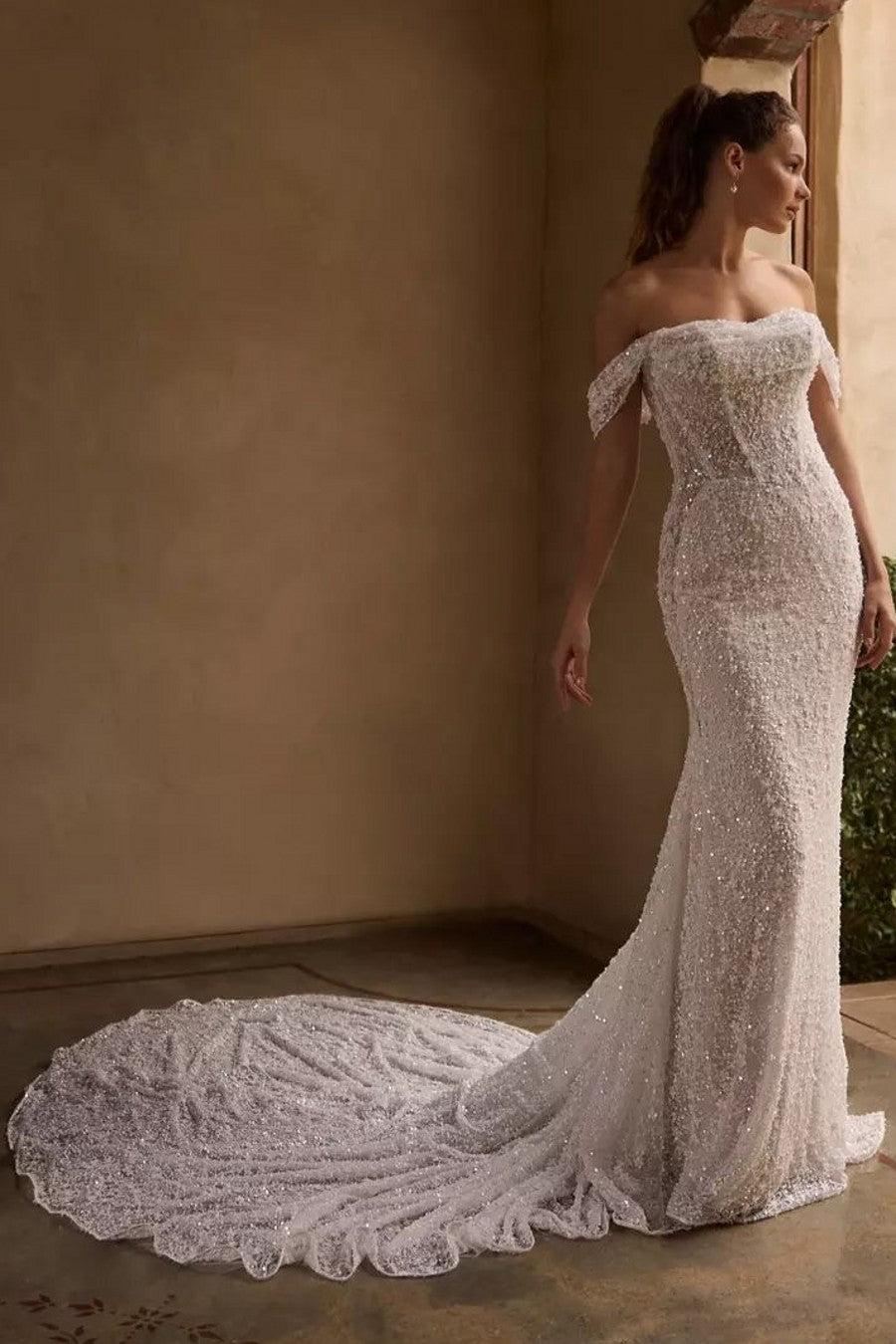 Ivory Beach Wedding Dress Sequin Off the Shoulder Mermaid Corset Bridal Dress with Sweep Train