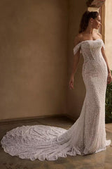 Ivory Beach Wedding Dress Sequin Off the Shoulder Mermaid Corset Bridal Dress with Sweep Train