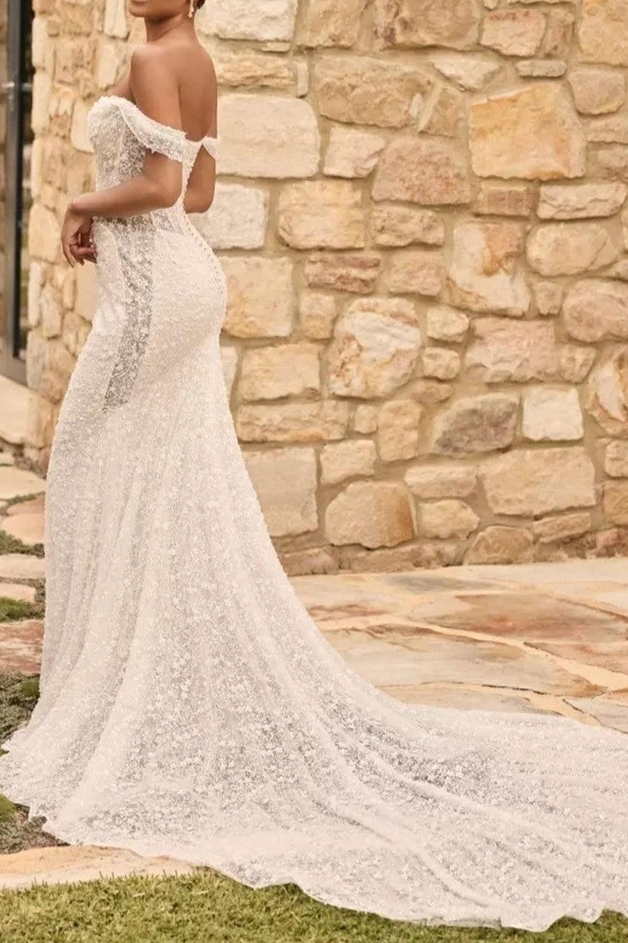 Ivory Beach Wedding Dress Sequin Off the Shoulder Mermaid Corset Bridal Dress with Sweep Train