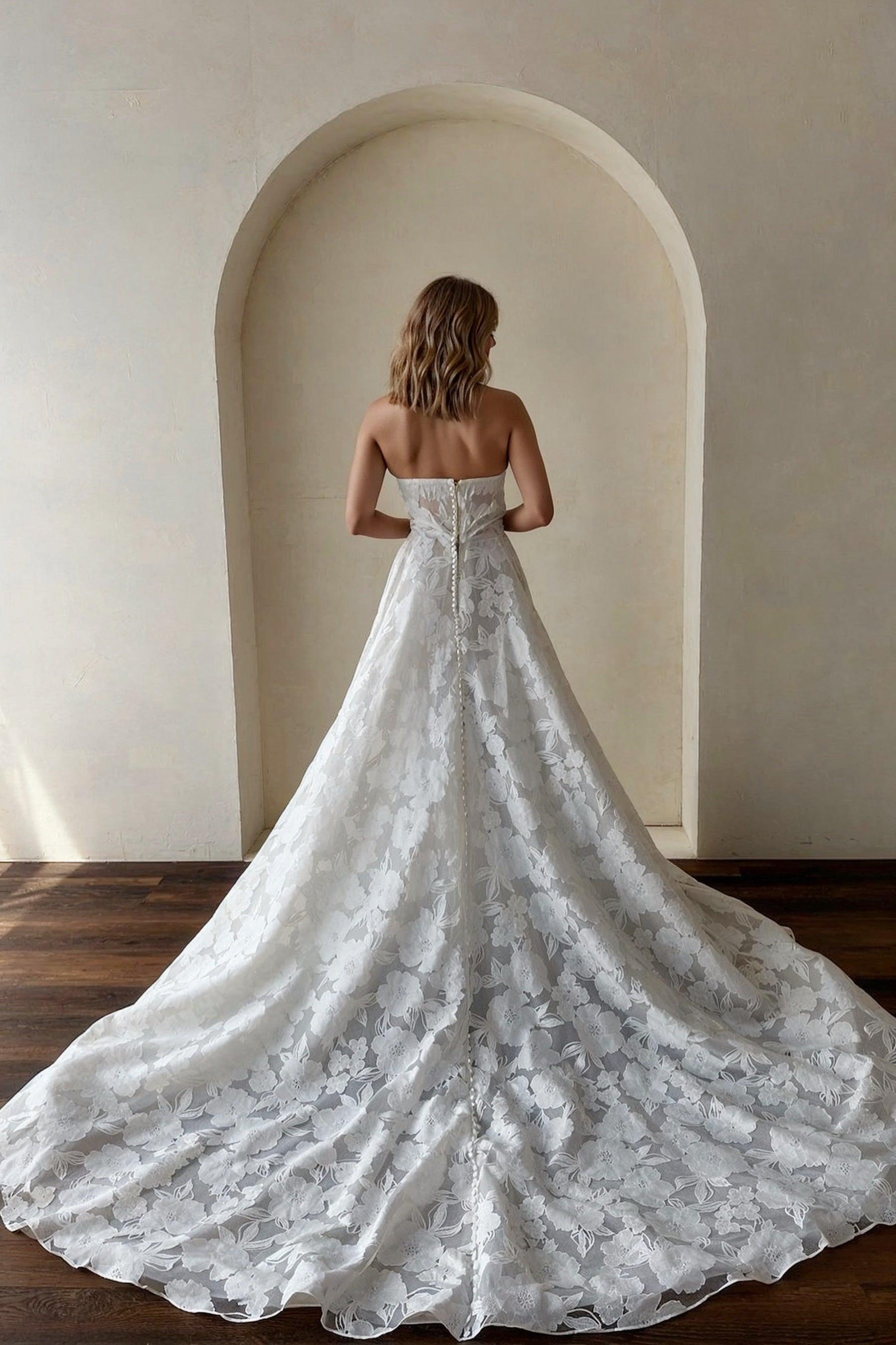 Ivory Beach Wedding Dress Strapless Lace A Line Bridal Dress with Sweep Train