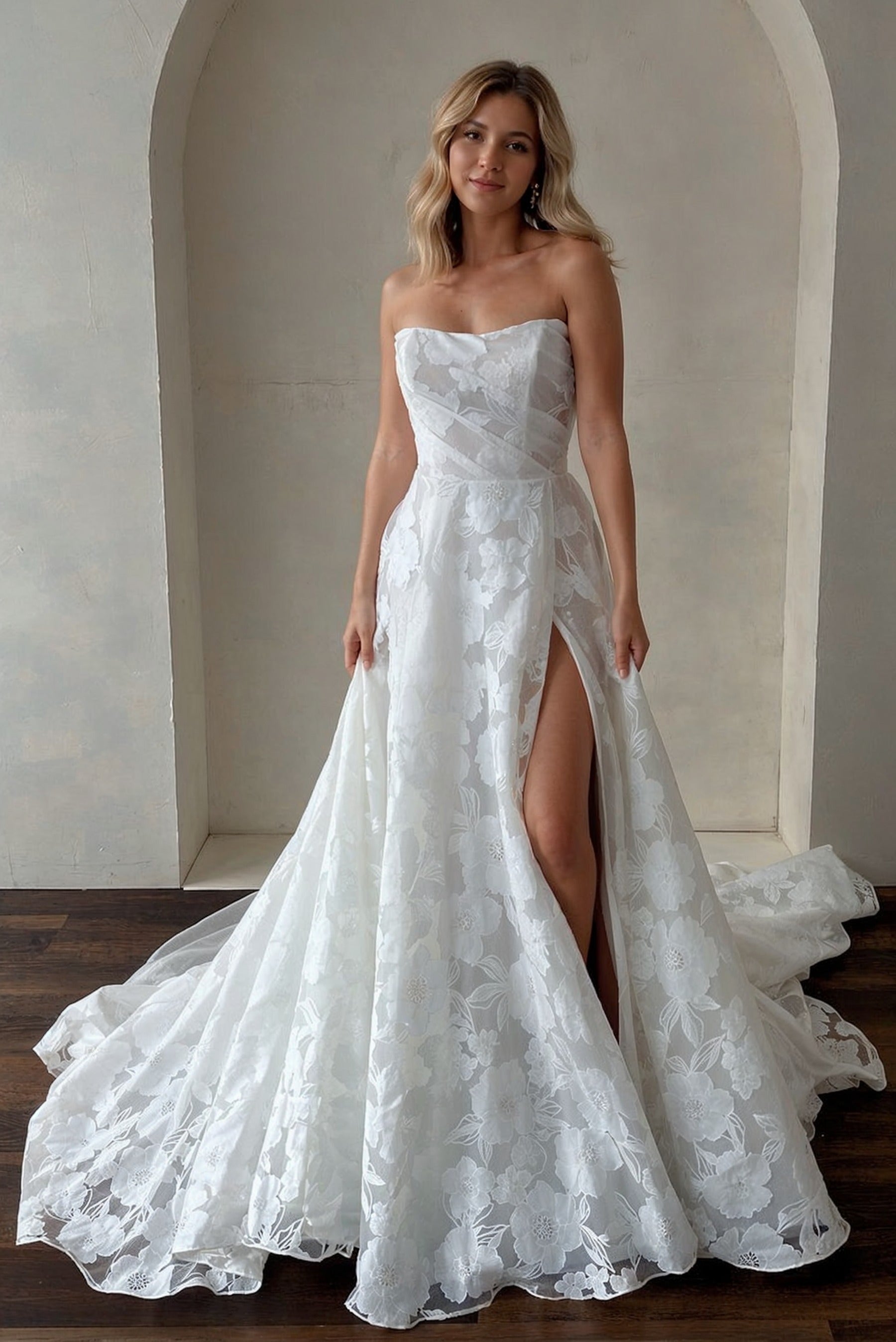 Ivory Beach Wedding Dress Strapless Lace A Line Bridal Dress with Sweep Train