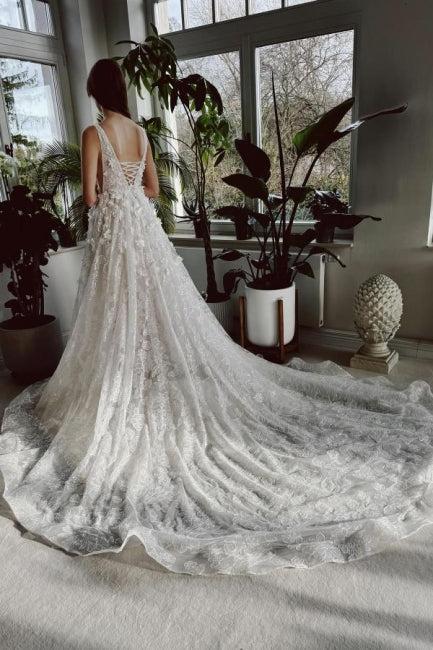 Ivory Beach Wedding Dress V Neck A Line Lace Bridal Gown With Glitter