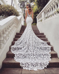 Ivory Beach Wedding Dress V Neck Lace Mermaid Bridal Dress