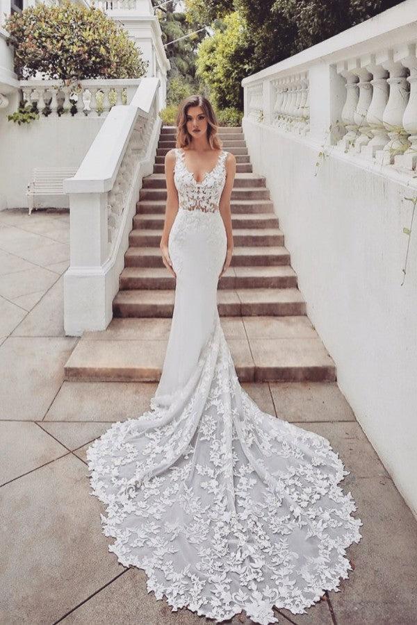 Ivory Beach Wedding Dress V Neck Lace Mermaid Bridal Dress