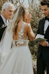 Ivory Beach Wedding Dress V Neck Tulle A Line Bridal Dress with Appliques