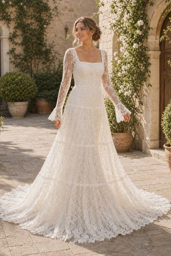 Ivory Boho Lace A Line Wedding Dress with Square Neck and Bell Sleeves