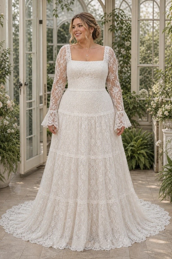 Ivory Boho Lace A Line Wedding Dress with Square Neck and Bell Sleeves
